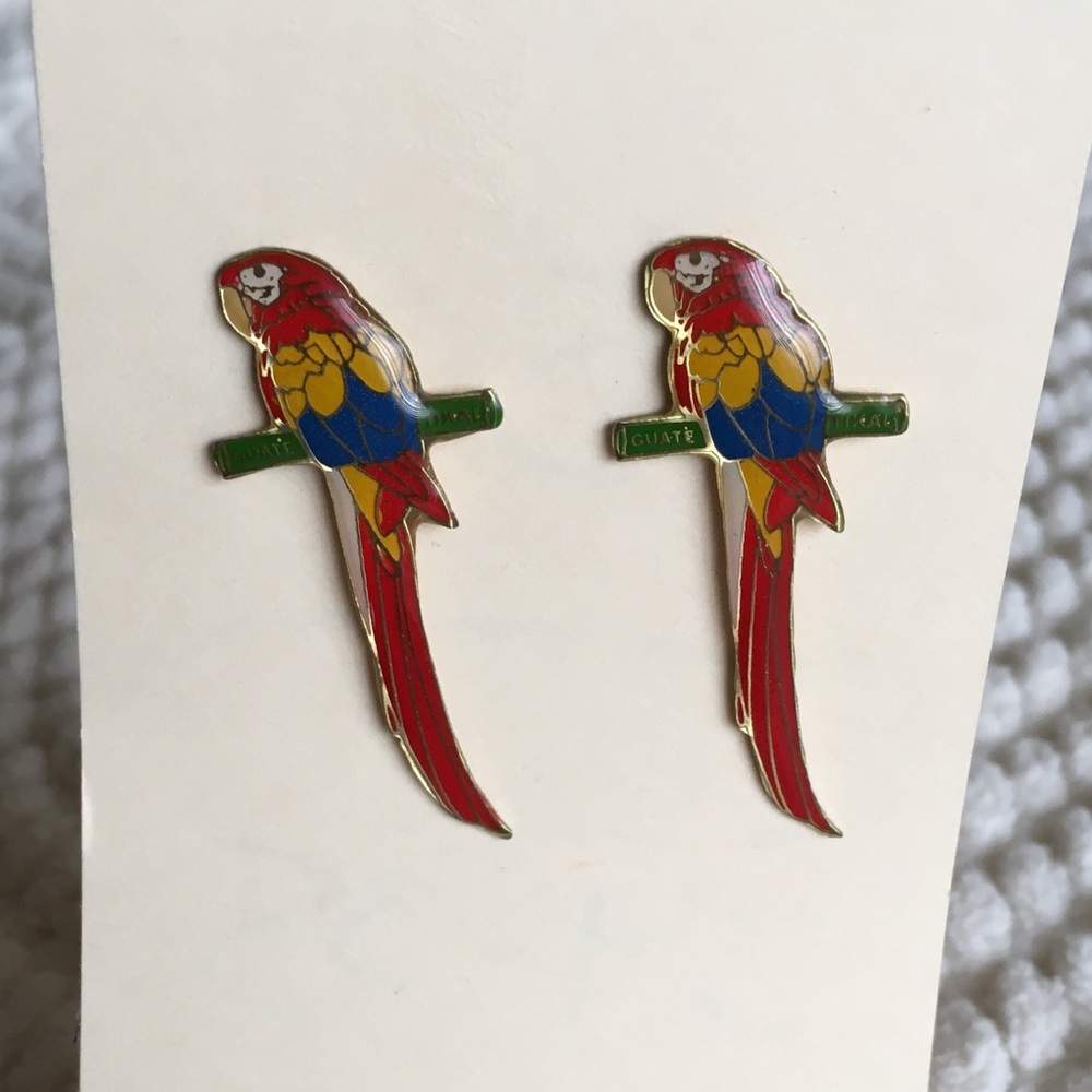 Vintage Parrot Tropical Tiki Enamel Collar Pins